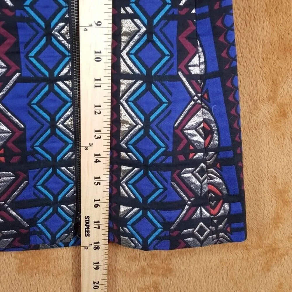 J CREW Skirt Womens Size 4 Blue A-Line Front Zip Geometric Aztec Preppy